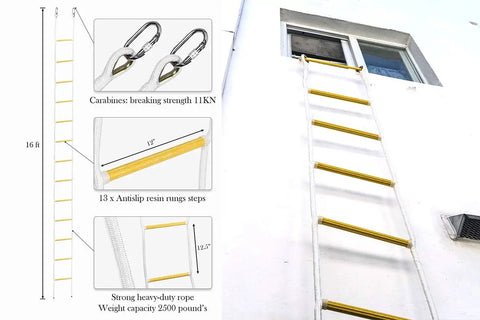 2 Story 16Ft Fire Escape Ladder With Flame Resistant Safety Rope, Grab And Go Deploy in use from window, white and yellow design