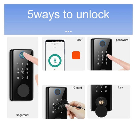 Top Tier Slick Smart Lock With Keyless Fingerprint Keypad Deadbolt For Front Doors showing 5 unlocking methods including fingerprint and app access.