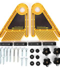 No Sweat Plastic Featherboard For Table Saws Router Tables And Band Saws Non Marking Hold Down Tool with two yellow pieces and accessories.