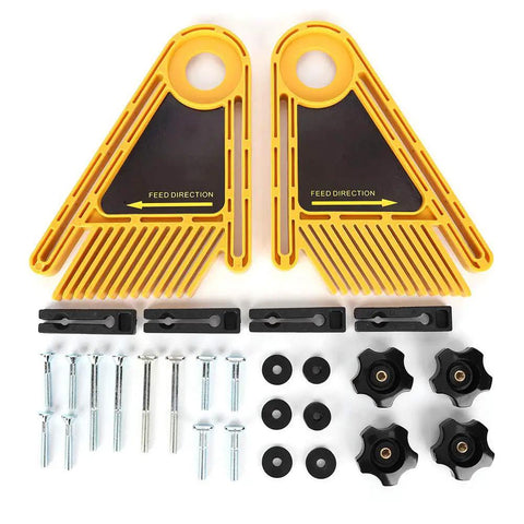 No Sweat Plastic Featherboard For Table Saws Router Tables And Band Saws Non Marking Hold Down Tool with two yellow pieces and accessories.