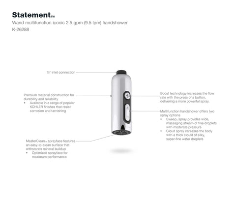 Diagram of Two-Function Hand Shower Wand With Mode Selector, Matte Black Finish, 2.5 GPM, showing features and design.