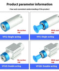 Image showing single and double-acting pneumatic cylinders with and without vacuum suction cups. Must Have Pneumatic Cylinder For Robotic Gripper With Single Acting Vacuum Suction Cup Compatible With Mechanical Arm 20 20 30 20 VFG20 10 VP Ideal For Industrial Automation Projects And Custom Robotic Gripper Setups.