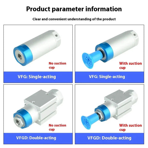 Image showing single and double-acting pneumatic cylinders with and without vacuum suction cups. Must Have Pneumatic Cylinder For Robotic Gripper With Single Acting Vacuum Suction Cup Compatible With Mechanical Arm 20 20 30 20 VFG20 10 VP Ideal For Industrial Automation Projects And Custom Robotic Gripper Setups.
