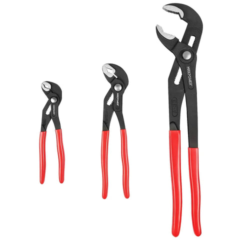 Three Piece Water Pump Pliers Set Grip Ready With Push Button Quick Adjustment 7 Inch 10 Inch And 16 Inch Tongue And Groove Pliers For Plumbing DIYers Homeowners HVAC Pros Heavy Duty Adjustable Pliers Kit With Carrying Bag