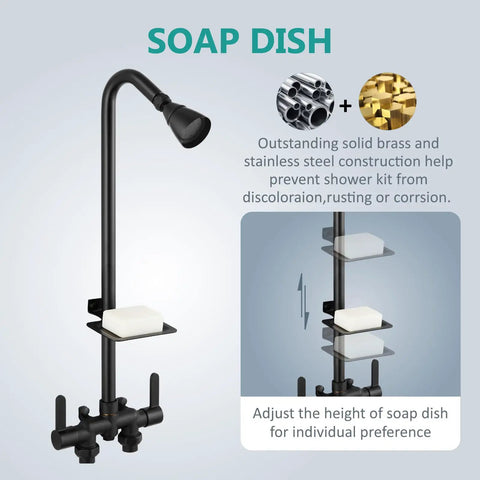 Outdoor Shower Kit With 3 Inch Center Faucet System, Exposed Shower With Two Handles, Matte Black, Soap Dish Detail