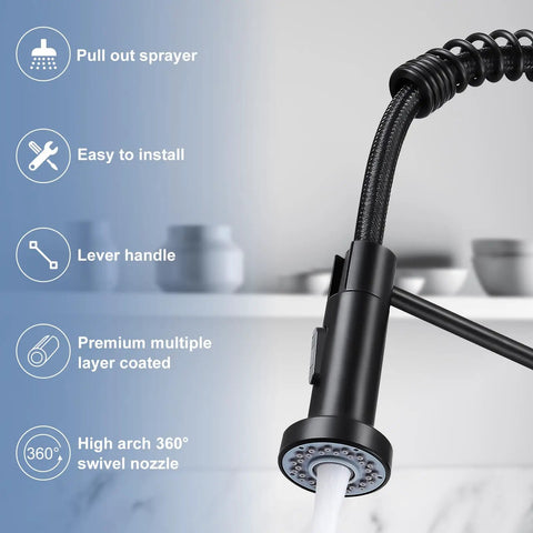 Kitchen Faucets With Pull Down Sprayer Single Handle Fit 1 Or 3 Hole Deck Plate Setup Farmhouse Style Spring Sink Faucet For RV Vessel Basin Matte Black Finish Easy DIY Install Hoses Included