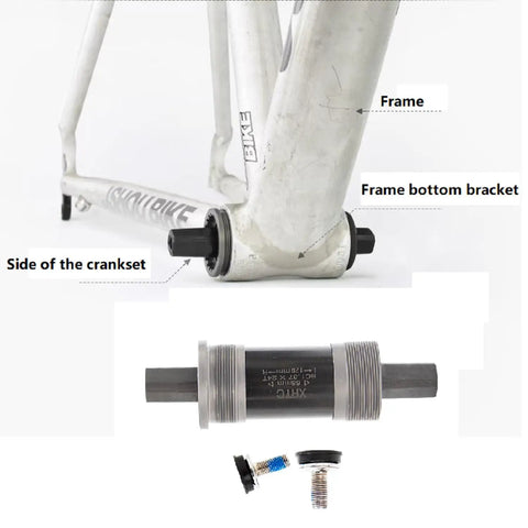 Square Taper Bike Bottom Bracket 68mm Shell 118mm Upgrade For Road And Mountain Bikes with frame and crankset shown