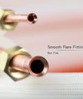 Close-up of copper tubing flare fitting in 25ft Mini Split Line Set With 1/4 And 1/2 Inch Copper Tubing And 3/8 Inch White PE Thickened Insulated Coil Flared Nuts.