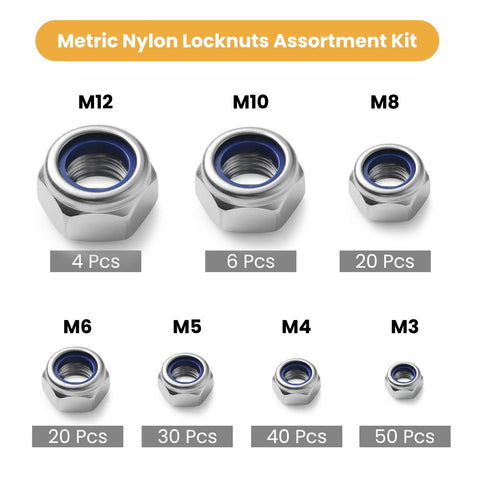 170 Piece Metric Lock Nut Set Nylon Insert Locknuts M3 M4 M5 M6 M8 M10 M12 Stainless Steel Self Locking Nuts Ideal For DIY Projects And Hardware Repairs
