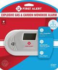 Front view of Combo Explosive Gas And Carbon Monoxide Alarm With Backlit Digital Display That Detects Propane Natural Gas Methane And CO AC Plug In With Battery Backup Remote Mute Easy Setup GCO1CN in packaging
