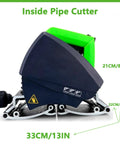 No Nonsense Heavy Duty Electric Pipe Cutter Machine For Steel Copper Stainless Steel And Pvc Plumbing Slick Burr Finish Portable Hand Held Multi Material Cutting Tool With Adjustable Speed Knob Job Site Beast side view with measurements
