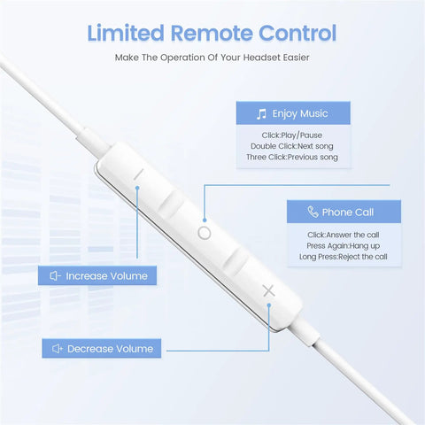 Close-up of remote control on wired USB C earbuds with buttons for play, volume, and calls for Two Pack USB C Earbuds With Mic And Remote For iPhone 15 16 17.