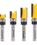Pro Grade Four Piece Flush Trim Router Bit Set Half Inch Diameter Quarter Inch Shank One Quarter To One Inch Cut Lengths with carbide edges.