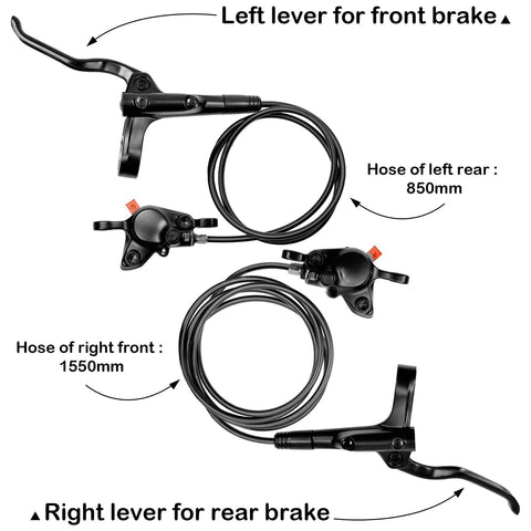 MT200 Hydraulic Brake Set For Mountain Bikes With 2 Piston Calipers Left Front 850mm Right Rear 1550mm Lines Display