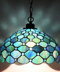 Sea Blue Pearl Tiffany Style Pendant Light Plug In Swag Lamp With 12 Inch Glass Shade and Light On Display
