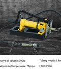 Nail Down Any Job With This Tough Foot Operated Hydraulic Pump Serving Up 70 Mpa Force And A Smooth 700 Cc Stream For Crimping Cutting And Light Duty Repair Work Around The House, showcasing a yellow hydraulic pump with 1.8m hose.