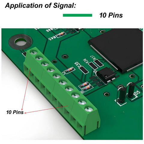 10-pin green terminal block installed on PCB board, part of 50 Pack 2.54mm Pitch Screw Terminal Block Kit 2P 3P 4P PCB Mount Connectors For Arduino And Raspberry Pi 6A 150V 18-26AWG Wire Mixed Pack Easy Clamp No Solder Required.