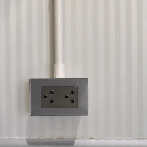 Slick Stainless Steel Outlet Faceplate With Six Hole Design For Wall Socket Mounting Hella Durable Metal Cover Easy Wipe Clean Finish, installed.