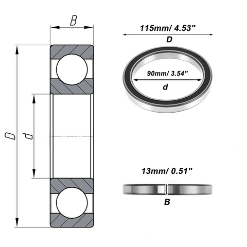 Diagram of Heavy Duty Pre Lubricated Deep Groove Ball Bearing 6818DDU With Double Rubber Seal 90x115x13mm for various applications