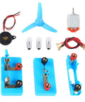 Hands On Electric DC Motor Kit For Kids A Fun DIY STEM Project Set with wires, bulbs, motor, fan, and holder shown.