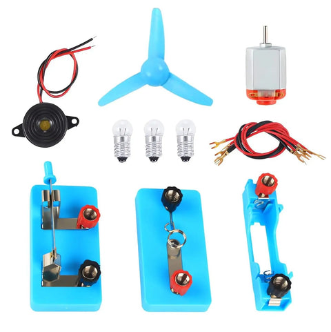 Hands On Electric DC Motor Kit For Kids A Fun DIY STEM Project Set with wires, bulbs, motor, fan, and holder shown.