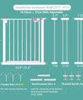 Diagram of an extra wide baby gate for stairs and doorways with auto close, showing components and size adjustments.