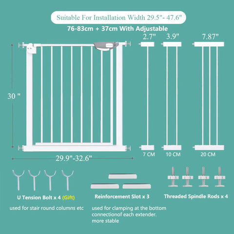 Diagram of an extra wide baby gate for stairs and doorways with auto close, showing components and size adjustments.