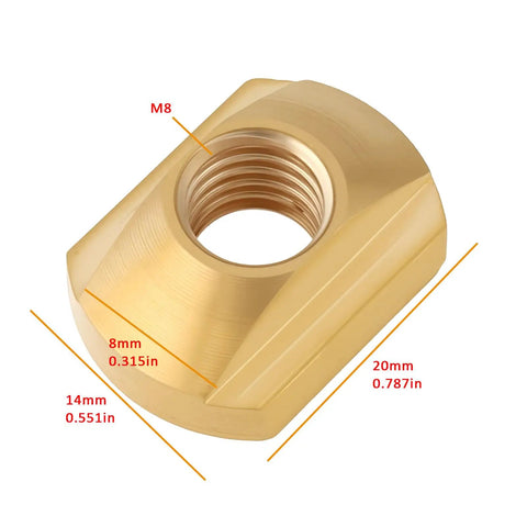 Solid M8 Brass Hydrofoil T Nuts For Water Sports Tracks 4 Pack Marine Grade Hardware 20X8mm 20X14mm close-up view.