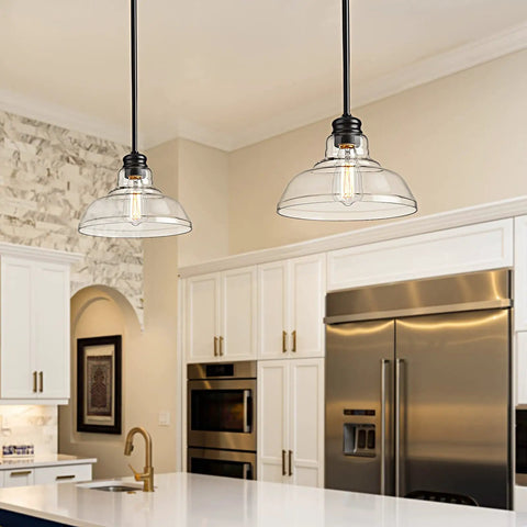 Industrial Kitchen Island Pendant Light With Clear Glass Shade, Black Metal Frame Ceiling Hanging Fixture in modern kitchen