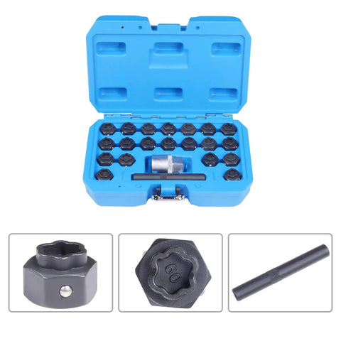 22-Piece Wheel Locking Nut Key Kit Remover Set For BMW F-Series With Extended Rod And Ergonomic Handle To Snatch Stolen Lug Nuts Easily Without Breaking A Sweat. blue case with chrome steel adapters and extended rod