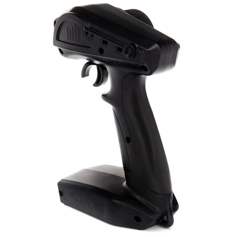Side view of SLT3 3 Channel 2 4 GHz RC Radio Transmitter Only With Adjustable Steering Trim Throttle Limits And Steering Rate