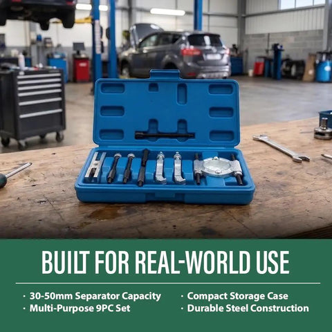 Bad Ass Nine Piece Mini Bearing Puller Separator Set Fits Gears Wheels Fittings Off Shafts For Auto Work Includes Beam Separator Jaw Thrust Screw Extension Rods Great For Quick Fixes And Heavy Duty Jobs Around Your Shop Get Yours Soon. Blue 9-piece steel bearing puller set in case, 30-50mm separator capacity for auto shaft repair