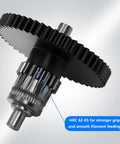 Close-up of Beefed Up Hardened Steel Extruder Gear With Integrated Shaft For 5M And 5M Pro, showing HRC 62-65 nano coating