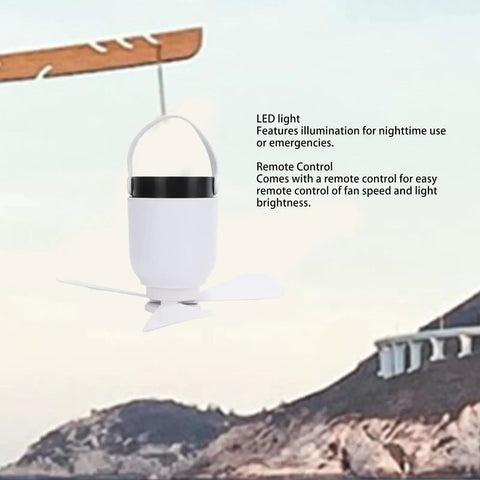 Dpofirs USB Rechargeable Ceiling Fan with LED Lamp, Remote Controlled, hanging design showcasing LED light and fan blades.