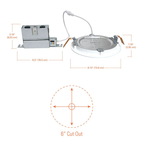 DIY Friendly Six Inch Canless Recessed LED Downlight Kit With Remote Driver And Integrated Junction Box dimensions shown.