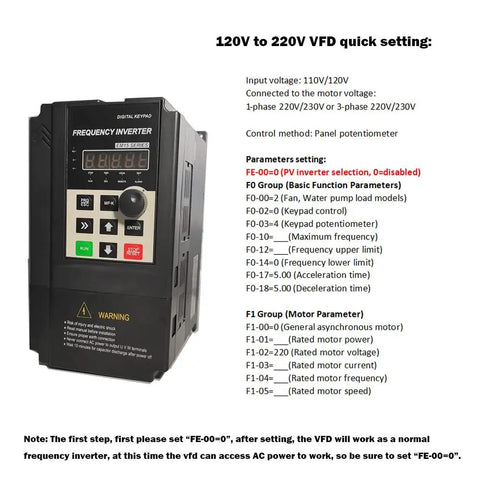 2HP 110V Input VFD to 220V Output Motor Drive with panel controls and digital display for single to three phase motors