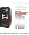 3HP VFD Drive 110V 120V Input To 220V 240V Output Single Or Three Phase Motor Speed Controller For AC Motors 2.2kW Variable Frequency Drive With Easy Setup And No Fuss Control. black inverter front view with keypad and setup instructions