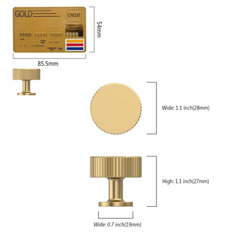 Dimensions of champagne bronze cabinet knob beside credit card for scale, showing 1.1 inch length, width, and height, with 0.7 inch base diameter.