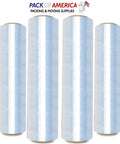 Heavy Duty Clear Stretch Wrap Bundle Four Rolls Straight Up Industrial Shrink Film 18 Inches By 1500 Feet 80 Gauge displayed upright.