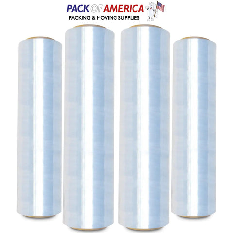 Heavy Duty Clear Stretch Wrap Bundle Four Rolls Straight Up Industrial Shrink Film 18 Inches By 1500 Feet 80 Gauge displayed upright.