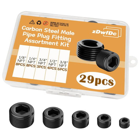 Rugged 29 Piece Pipe Plug Fitting Set Black Carbon Steel For 1/8 1/4 3/8 1/2 3/4 NPT, DIY Pro Grade Assortment Kit with various plug sizes.