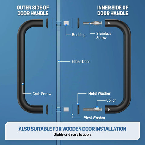Heavy Duty Eight Inch Center To Center Shower Door Handle In Sleek Matte Black Finish Solid 304 Stainless Steel installation diagram and components