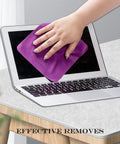 Purple microfiber cleaning cloth, front view wiping laptop screen; 5.7x6.7 in