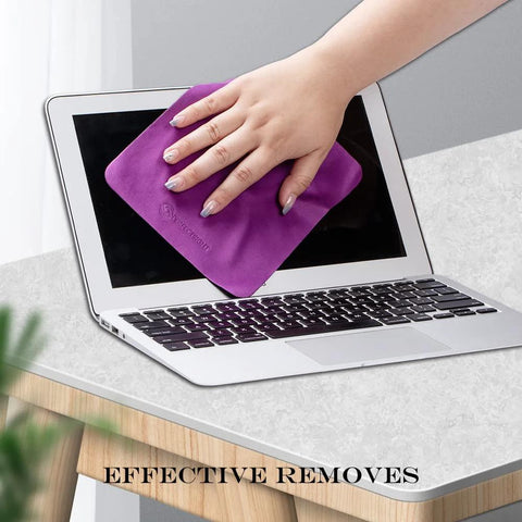 Purple microfiber cleaning cloth, front view wiping laptop screen; 5.7x6.7 in