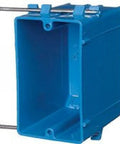 One Gang Nail On New Work Electrical Outlet Box In Blue PVC 22 Cubic Inches For Nonmetallic Cable Easy Install Durable PVC Construction Depth Three And A Half Inches Width Two And A Quarter Inches Length Three And Three Quarter Inches