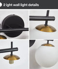 Black And Gold Two Light Vanity Light Fixtures With Globe Milky Frosted Glass For Bathroom Over Mirror, Mid Century Modern Details