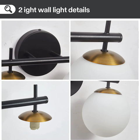 Black And Gold Two Light Vanity Light Fixtures With Globe Milky Frosted Glass For Bathroom Over Mirror, Mid Century Modern Details