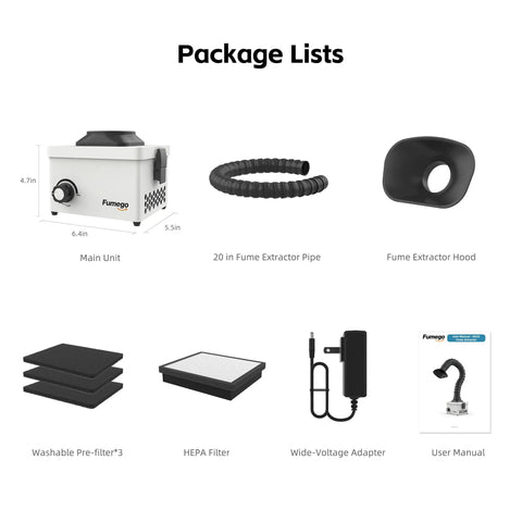 Package contents for Straight Up Heavy Duty Solder Fume Extractor With Beastmode Suction and Washable HEPA Filters.