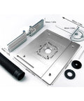 Heavy Duty Aluminum Router Lift Kit Quick Height Swap Insert Plate For Router Tables with measurements and components