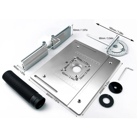 Heavy Duty Aluminum Router Lift Kit Quick Height Swap Insert Plate For Router Tables with measurements and components